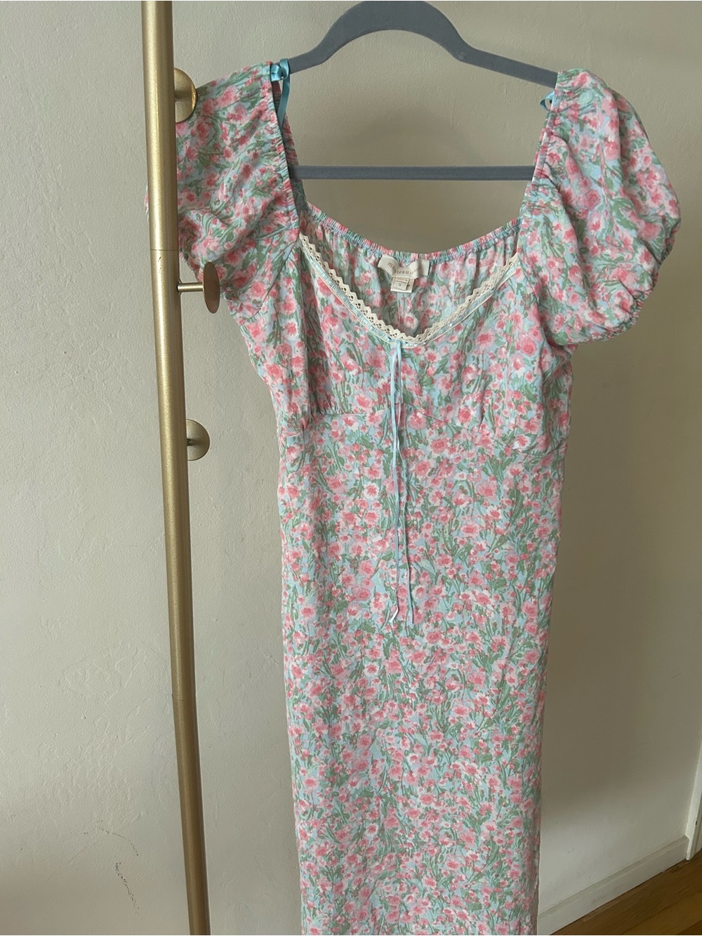 NWT Monteau Floral Midi Dress Cottagecore Puff Sleeve Tie Front PinkGreen Size S